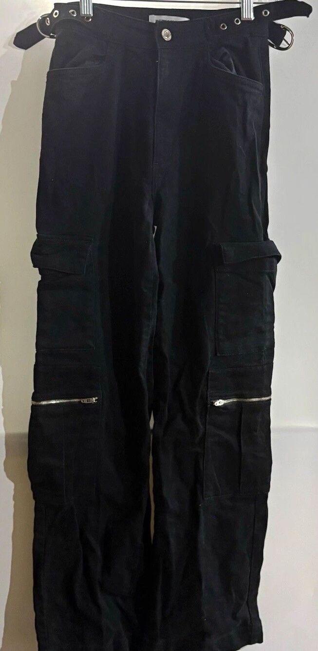 WEWOREWHAT Women’s Black Solid Cotton Twill Cargo Pants Pockets Straight, 24 XS